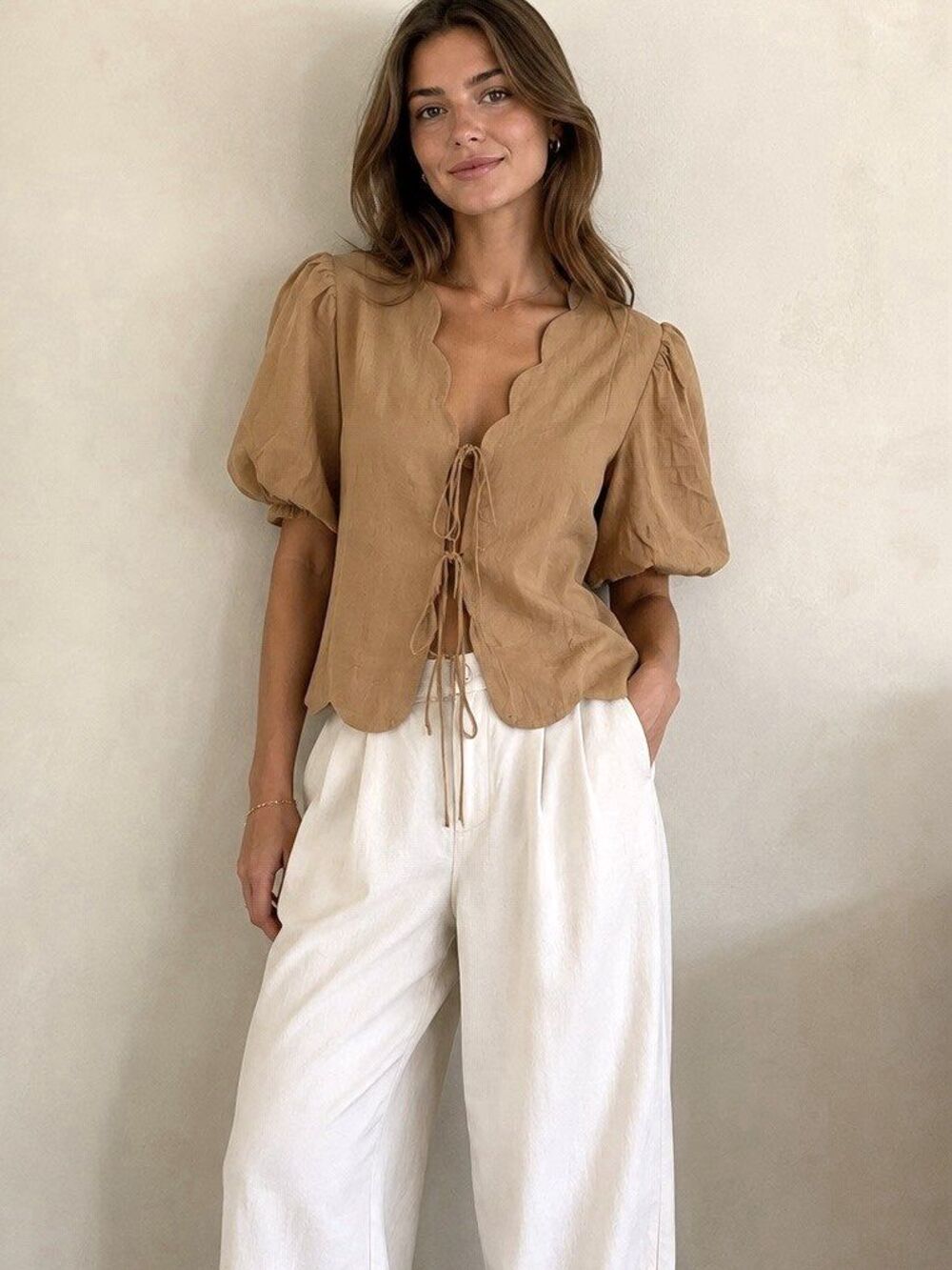 NWT Cicy Bell Top Women’s Cotton Puff Sleeve V Neck Bow Tie Front Khaki - Sz XL